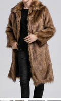 Brown Polo Collar Front Open Maxi Faux Fur Coat